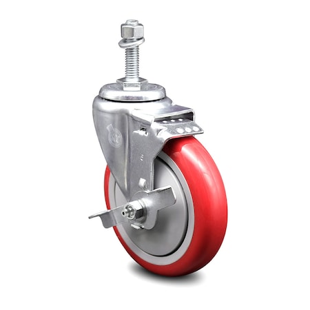 Service Caster 5 Inch Red Polyurethane Wheel Swivel 3/8 Inch Threaded Stem Caster with Brake SCC-TS20S514-PPUB-RED-TLB-381615